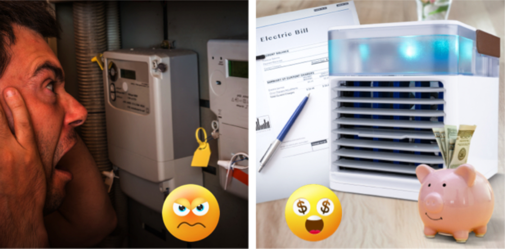 Collage. on the left a man shocked by the energy meter's readings. on the right, Image of Ultra air cooler in front of an energy bill and a piggy bank